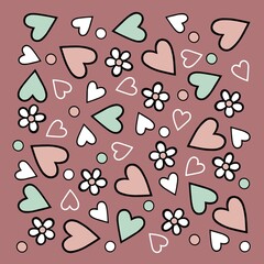 Cute confetti illustration. Hearts and flowers tumbling down in a random design although just been thrown at a wedding ceremony. A quirky cartoon style confetti illustration with a pink background.