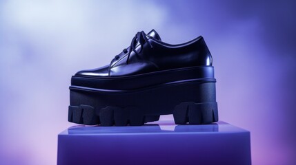 A black shoe on a platform with purple lighting, AI