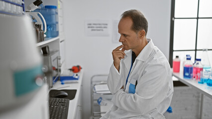 Handsome middle age man, a serious scientist, deep in thought at his computer in a bustling...