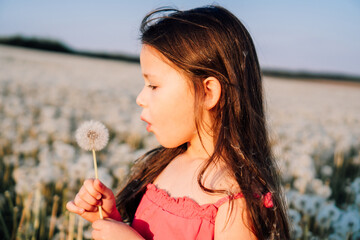 Charming girl holding white dandelion in hand and ready to blow flower while standing in meadow...