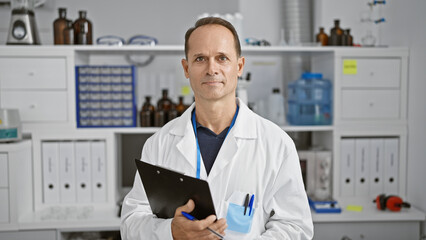 Focused middle age man scientist, holding clipboard in his hands while monitoring his experiment intensely inside the lab