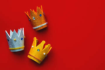Three crowns of the three wise men with copy space. Concept for Reyes Magos day. Three Wise Men...