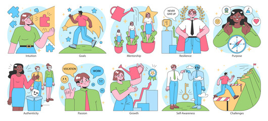 Finding your way in life set. Diverse character navigating personal development and career paths. Improvement and growth, resilience and self-awareness. Soft skills. Flat vector illustration.