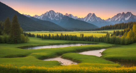 Panoramic view of beautiful peaceful mountain landscape. AI generative