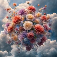 a floating bouquet of flowers in the clouds, romantic, glorious, beautiful, detaoled, high resolution