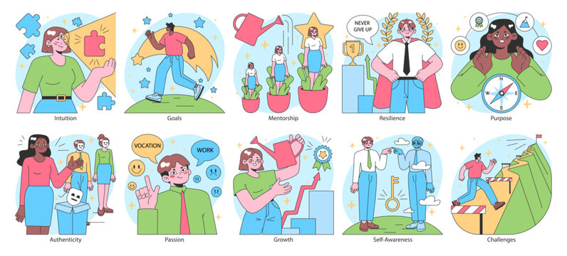 Finding your way in life set. Diverse character navigating personal development and career paths. Improvement and growth, resilience and self-awareness. Soft skills. Flat vector illustration.