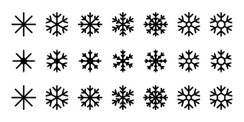 角丸または角張った形のシンプルな黒い雪の結晶、スノーフレイク。 ベクターイラスト白黒アイコンセット素材