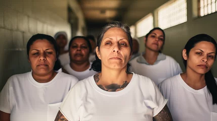 Foto op Aluminium Intense Group of Women in White T-Shirts with Tattoos in Prison Corridor © AI-Universe