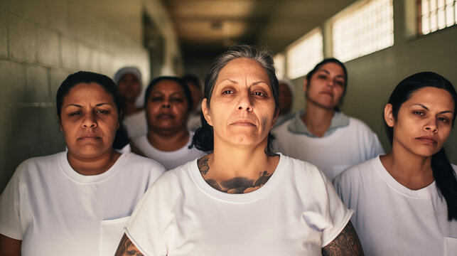 Intense Group of Women in White T-Shirts with Tattoos in Prison Corridor
