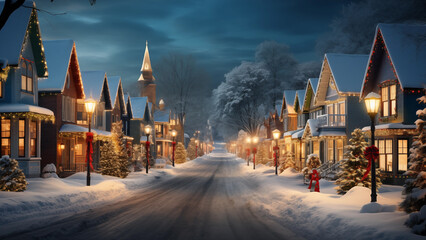Fototapeta premium Scene of a country house with a decorated tree in the yard for Christmas