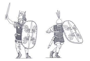 Roman legionnaires in battle. Punic Wars. Historical drawing.