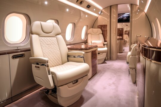 Luxurious salon in pastel brown colors made of genuine leather in a business jet. Close up