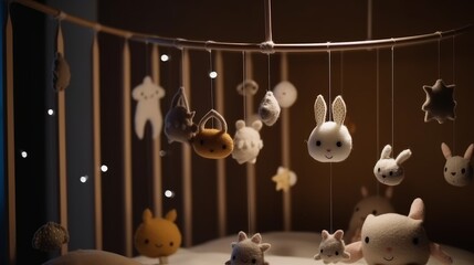 Handmade felt toys above the newborn crib with light AI generated illustration