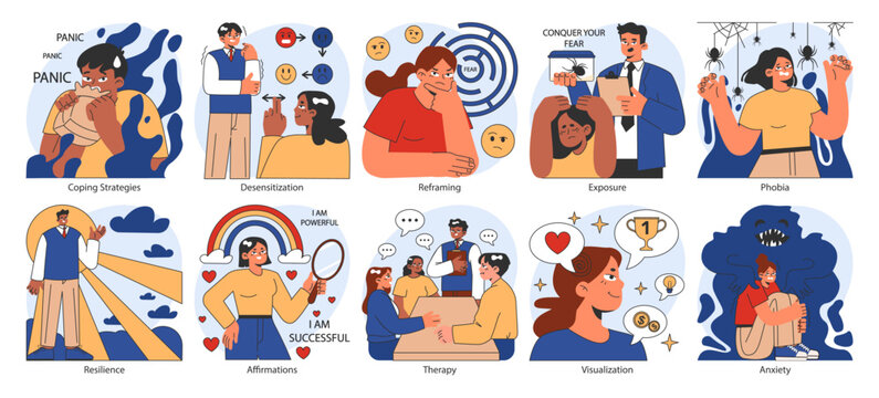 Overcoming fears set. Characters confronting fears with desensitization, reframing and exposure strategy. Psychological resilience with affirmations and visualization therapy. Flat vector illustration