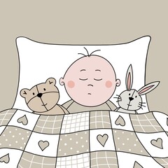 Illustration of a baby sleeping with their favourite toys. The child is snuggled under a cute patchwork quilt with their cuddly teddy bear and bunny rabbit. Cute new baby design. A cosy bedtime scene.
