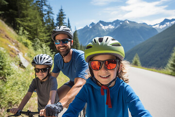 Cycling family of three in mountain road