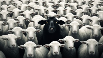 Obraz premium Black sheep among the white. Concept of being different, standing out from the crowd, being yourself. Generative AI