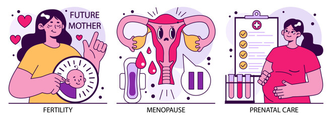 Fototapeta premium Reproductive health set. Pregnancy monitoring and gynecology disease diagnosis. Family planning and prenatal care. Female empowerment, abortion and contraception. Flat vector illustration