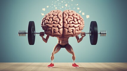 3D style human brain cartoon lifting weights. The concept of mental health, memory and brain training. Generative AI