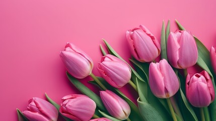 Obraz premium Spring tulip flowers on pink background top view in AI generated illustration