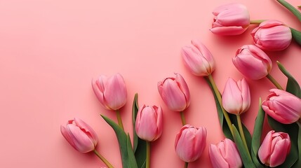 Spring tulip flowers on pink background top view in  AI generated illustration