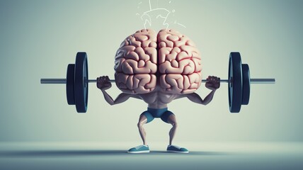 3D style human brain cartoon lifting weights. The concept of mental health, memory and brain training. Generative AI - obrazy, fototapety, plakaty