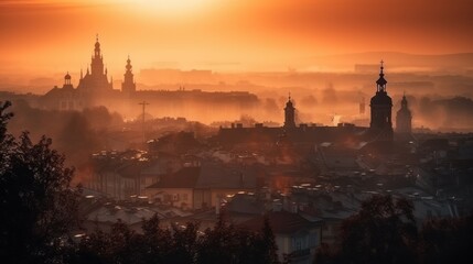 Fototapeta premium sunrise in old european city landscape AI generated illustration
