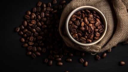 Fototapeta premium Top view of Cup of coffee and coffee beans in a sack AI generated illustration