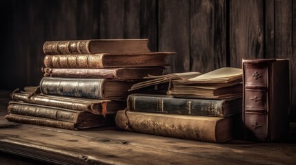 wide banner of old vintage library stack of antique  AI generated illustration