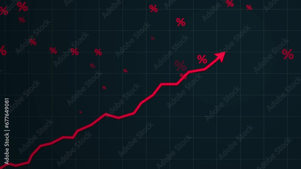 Poster increasing red arrow with percentage icons on a dark background - motion graphics