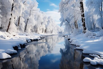 landscape with trees and snow ,lake in the winter