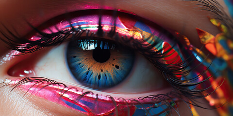 An eye with chromatic aberration close-up, in the style of a make-up tutorial - obrazy, fototapety, plakaty
