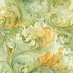 Watercolor seamless background, brocade swirls, muted colors, greens and golds