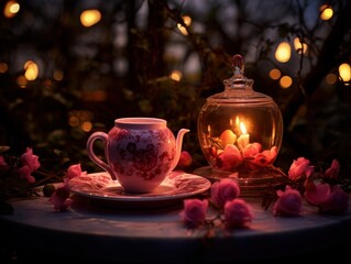 Fototapeta premium Valentine's Day tea time, served on fine china in a candlelit garden