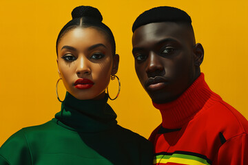 black history month: black couple close up portrait on a red green and yellow background