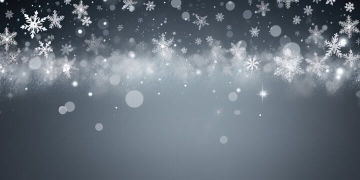 Grey christmas banner with snowflakes. Merry Christmas and Happy New Year greeting banner