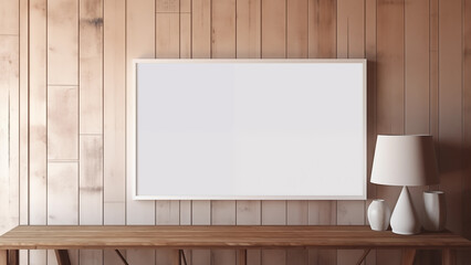 Blank framed photo hanging on wood interior wall, warm sunlight shining through