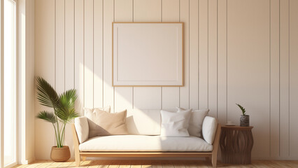 Blank framed photo hanging on wood interior wall, warm sunlight shining through