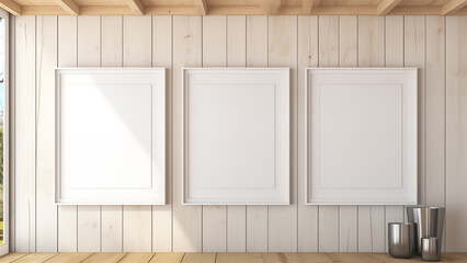 Blank framed photo hanging on wood interior wall, warm sunlight shining through