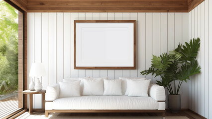 Blank framed photo hanging on wood interior wall, warm sunlight shining through