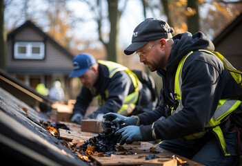 A construction team installing roofing materials on a new residential structure - obrazy, fototapety, plakaty