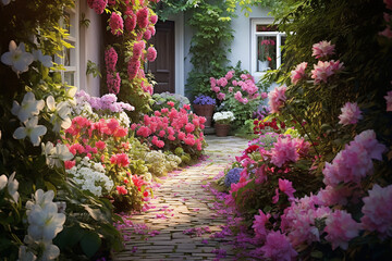 Beautiful green garden with flowers