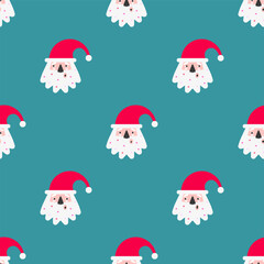 Vector seamless pattern with flat characters of american Santa Claus. Design for wrapping paper or greeting card to wish Merry Christmas. New Year decor in red, white colors with blue background