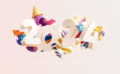 New year 2024. White 3D numbers with colorful Christmas decoration. Greeting card design.