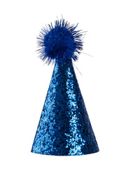 Realistic blue glitter party hat with pompon on top. Isolated on a white background.