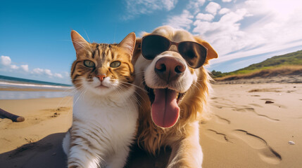 selfie cat and dog wearing sunglasses on a beach - obrazy, fototapety, plakaty