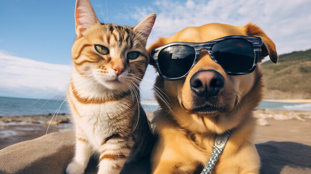 selfie cat and dog wearing sunglasses on a beach