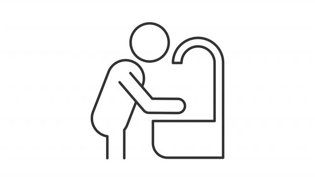 2D black thin line animation of person washing hands icon, HD video with transparent background, seamless loop 4K video representing human behavior icon.