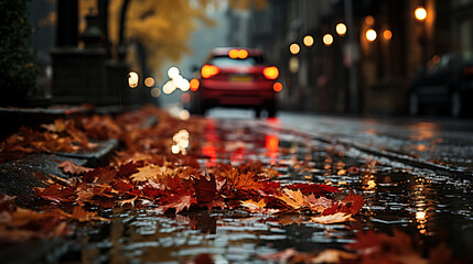 Autumn leaves in the rain. Cars driving on the road in city in autumn time.