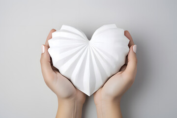 Woman's hands holding White paper heart 